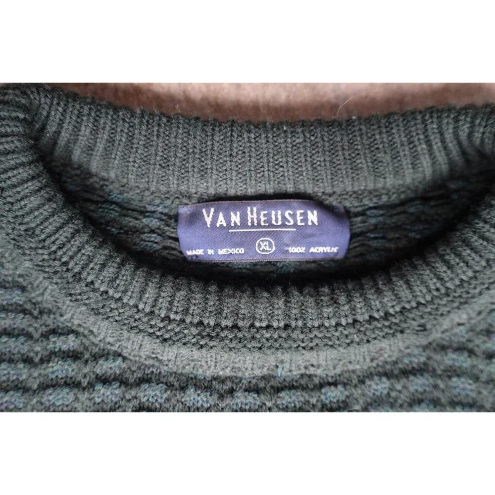 Vintage Van Heusen Sweater Men's XL Green Burgundy Geometric Acrylic 90s Grandpa